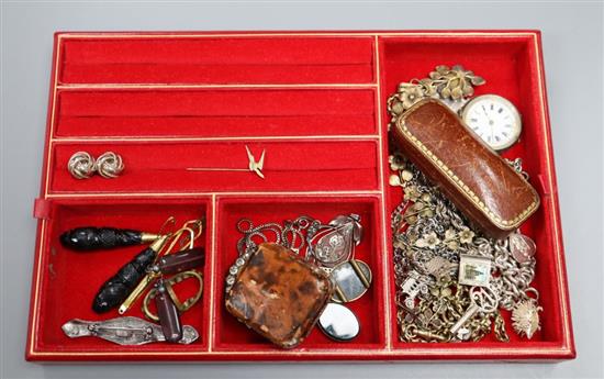 A group of assorted jewellery, including, seed pearl stick pin, 9ct and pastes ring, costume, silver and white metal.